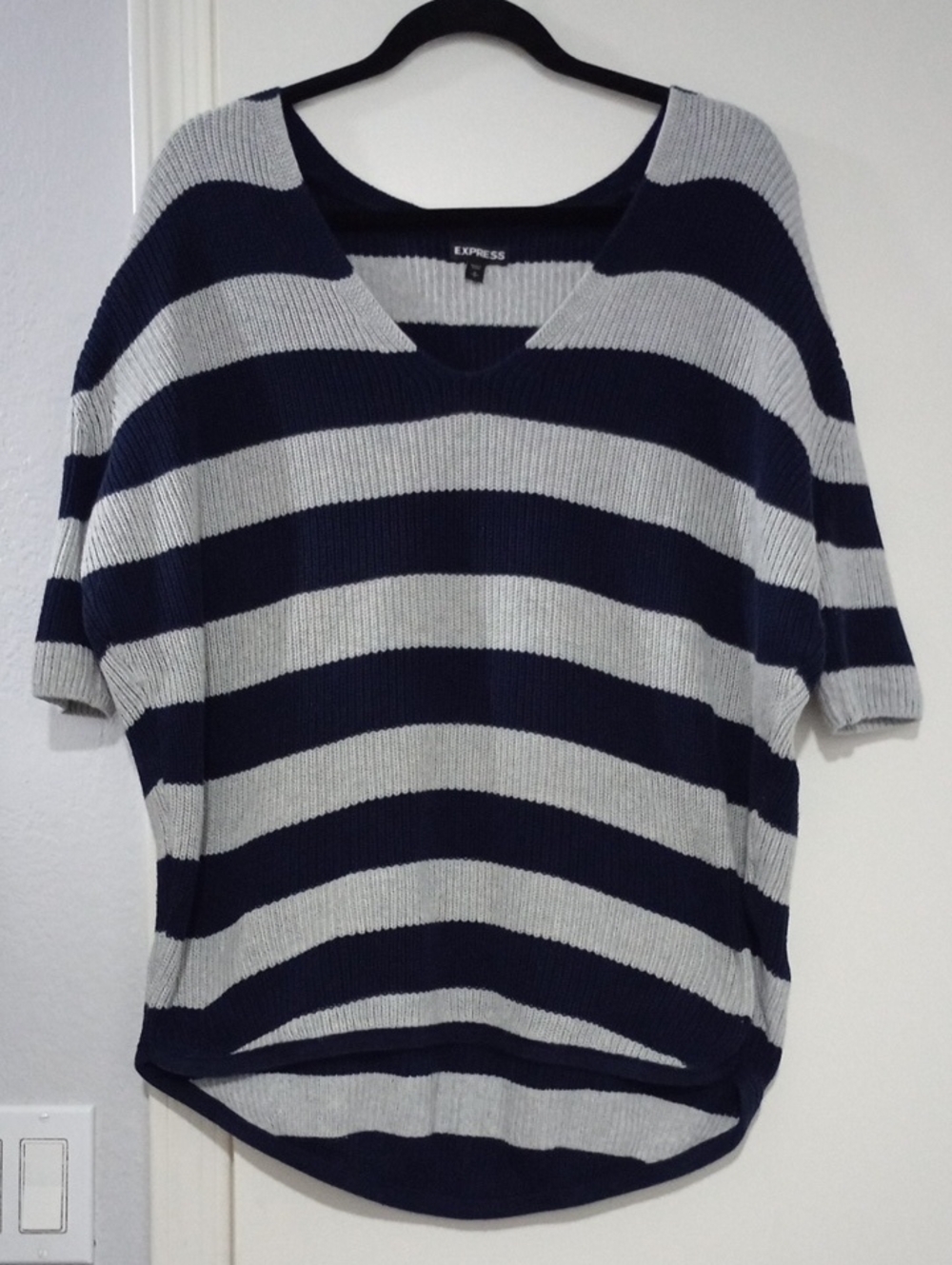 Express Navy and Light Gray Striped V-Neck Pullover Size S